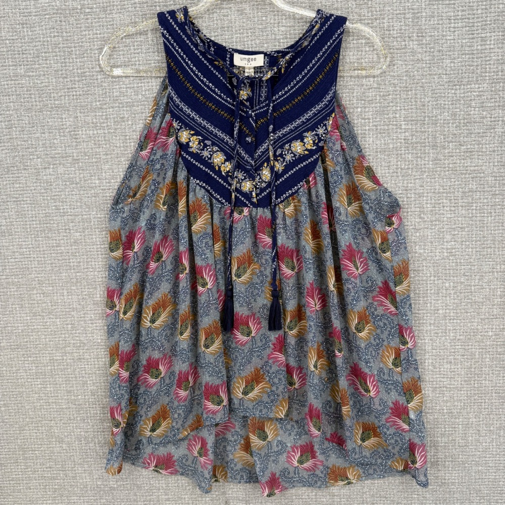 Umgee Floral Sleeveless Top‎ Women Size Small Flowy Boho Indie Fairy Y2K Blue